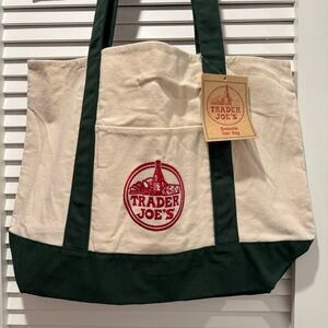 NEW Trader Joe's Large Canvas Tote Seasonal Green Reusable Big Shopping Bag Joes